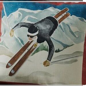 Pottery Barn Red and Cream Holiday Pillows with Retro Skier Motif